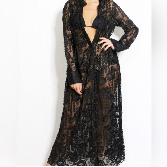 Floral print Lace long maxi wrap dress cover up blouse Tie waist Wrap design L - Picture 6 of 15